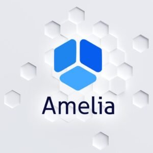 Logotipo azul de Amelia sobre fondo hexagonal