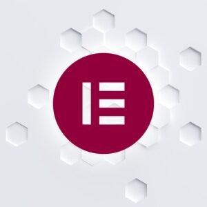 Logotipo rojo de Elementor sobre fondo hexagonal