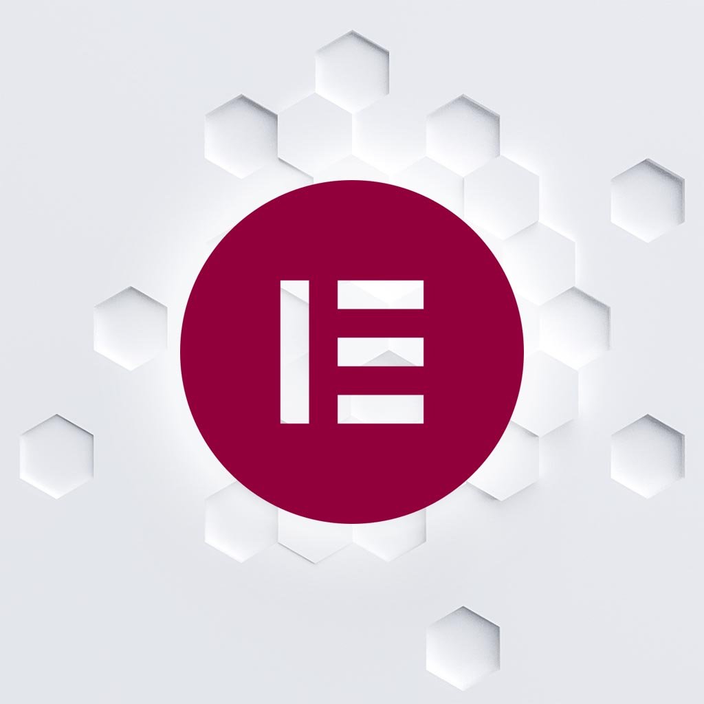 Logotipo rojo de Elementor sobre fondo hexagonal