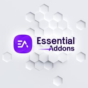 Logo Essential Addons sobre fondo hexagonal blanco