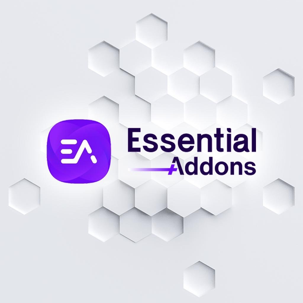 Logo Essential Addons sobre fondo hexagonal blanco