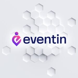 Logo de Eventin sobre fondo hexagonal