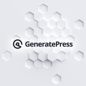 Logo de GeneratePress sobre fondo hexagonal gris