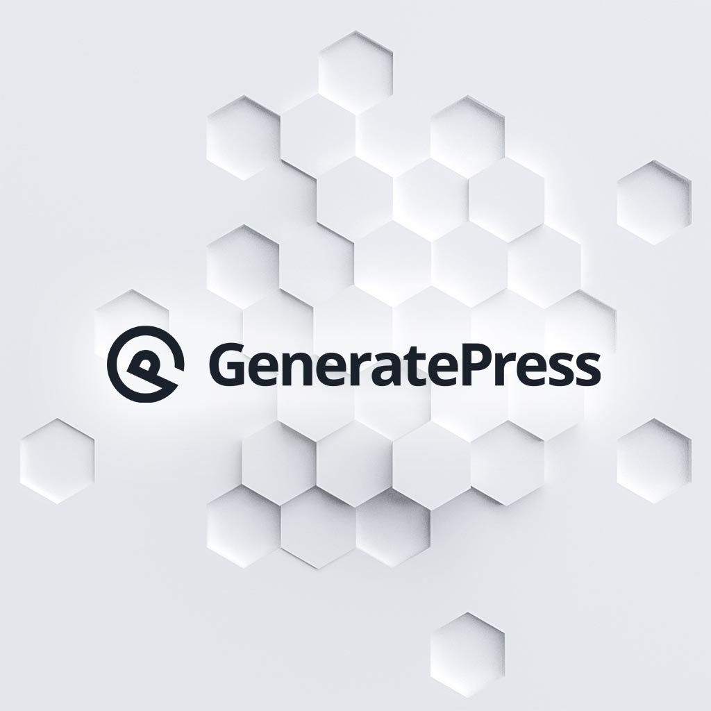 Logo de GeneratePress sobre fondo hexagonal gris