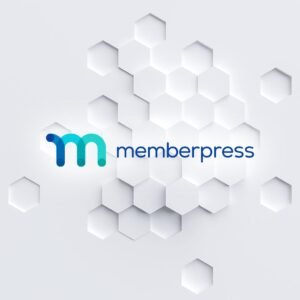 Logotipo de MemberPress sobre fondo hexagonal blanco