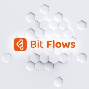 Logo Bit Flows sobre fondo hexagonal blanco