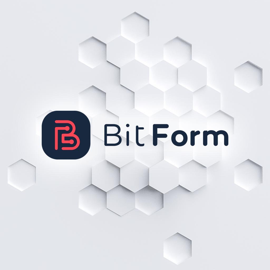 Logo de BitForm sobre fondo hexagonal blanco