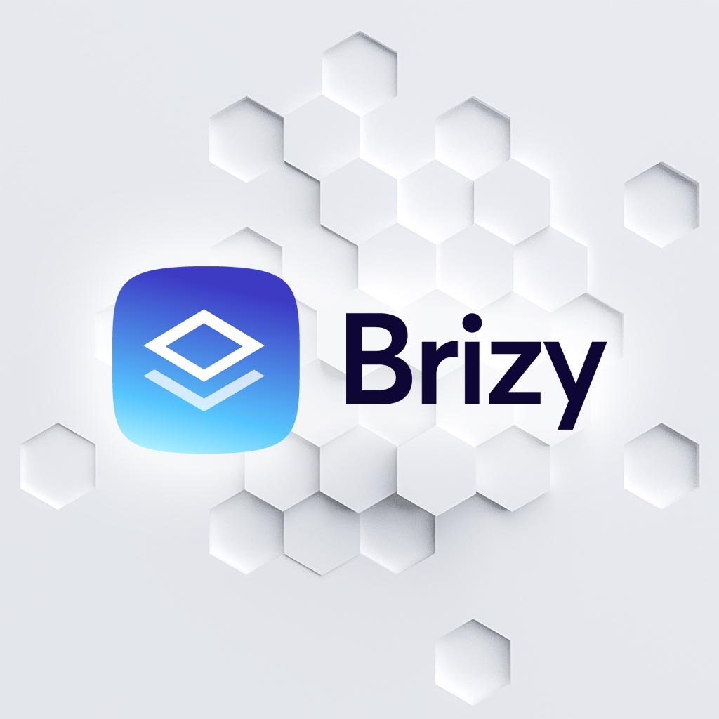 Logo de Brizy sobre fondo hexagonal blanco