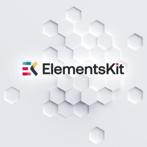 Logo de ElementsKit sobre fondo hexagonal blanco