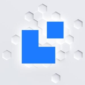 Formas geométricas azules sobre fondo de hexágonos blancos