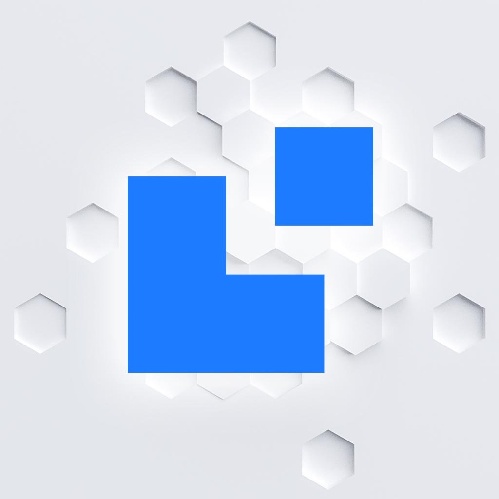 Formas geométricas azules sobre fondo de hexágonos blancos