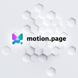 Logo motion.page sobre fondo de hexágonos blancos