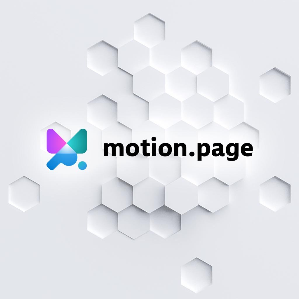 Logo motion.page sobre fondo de hexágonos blancos