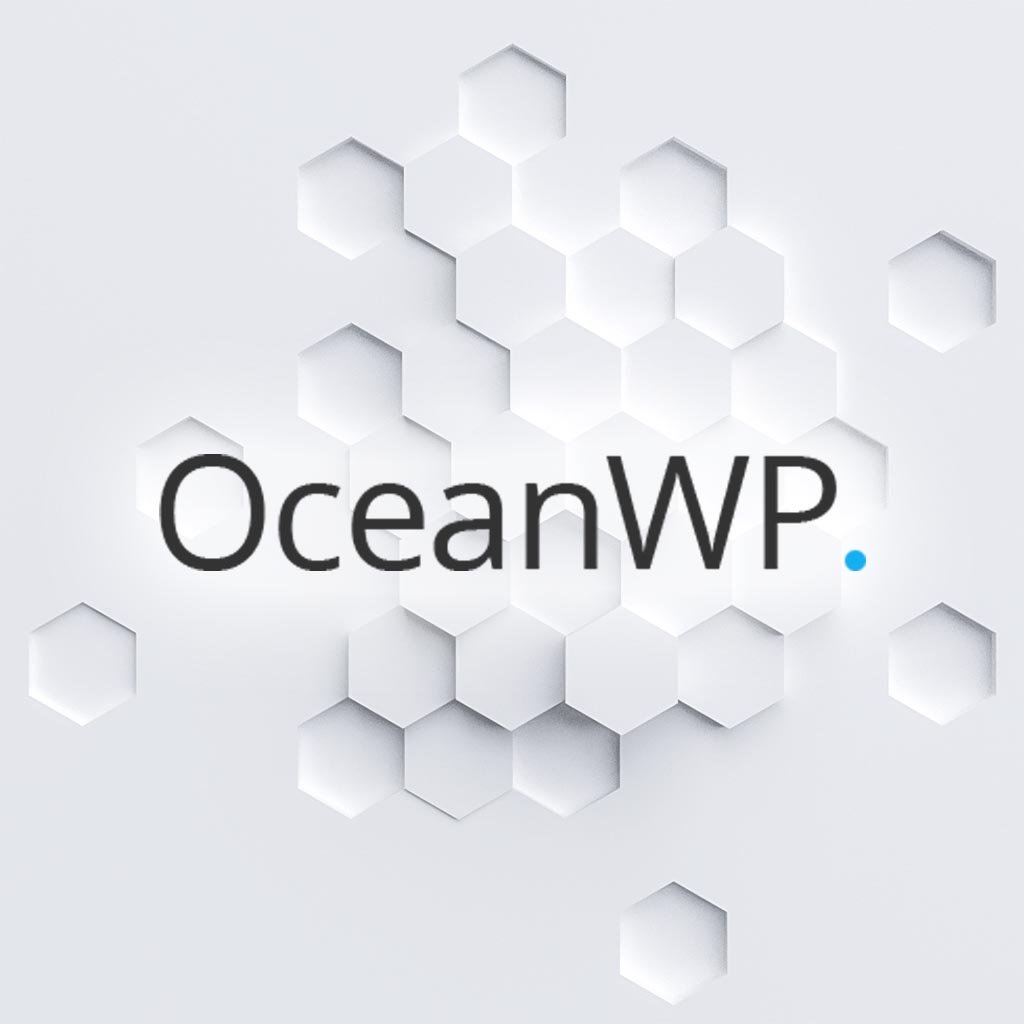 Logo de OceanWP sobre fondo hexagonal blanco