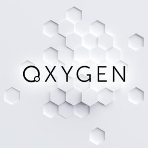 Texto OXYGEN sobre fondo hexagonal blanco 3D