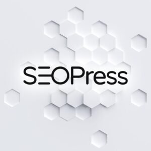Logotipo de SEOPress sobre fondo hexagonal blanco