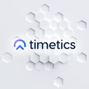 Logo de Timetics sobre fondo hexagonal blanco