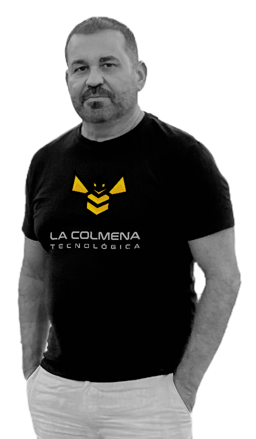 Mario Suárez con camiseta de La Colmena Tecnológica y abeja en color