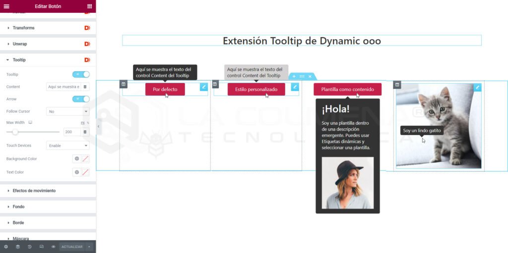 Interfaz extensión Tooltip con ejemplos y gatito