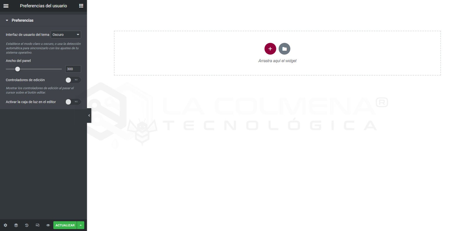 Einstellungsfeld im dunklen Web-Editor