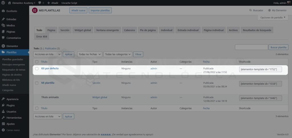 Panel de WordPress con plantillas de Elementor