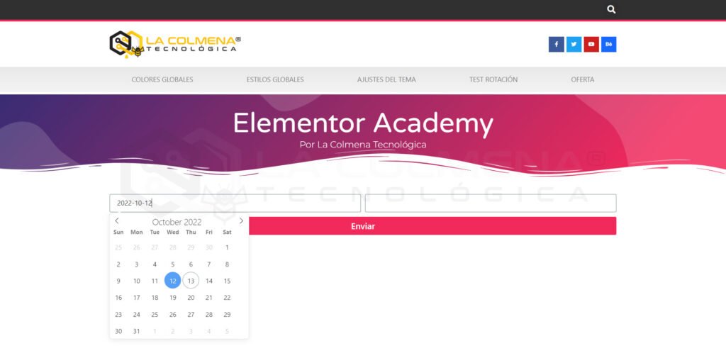 Página Elementor Academy con formulario y calendario
