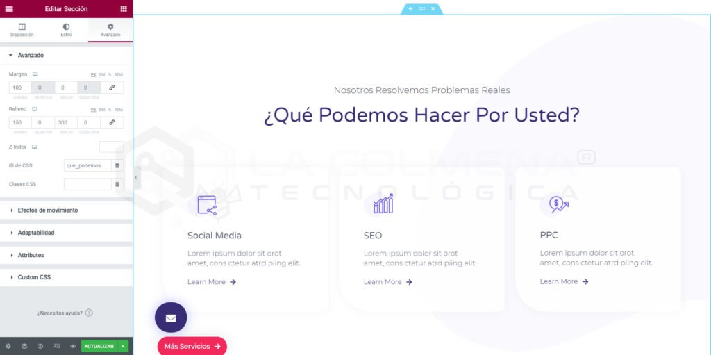 Editor web mostrando sección de servicios digitales