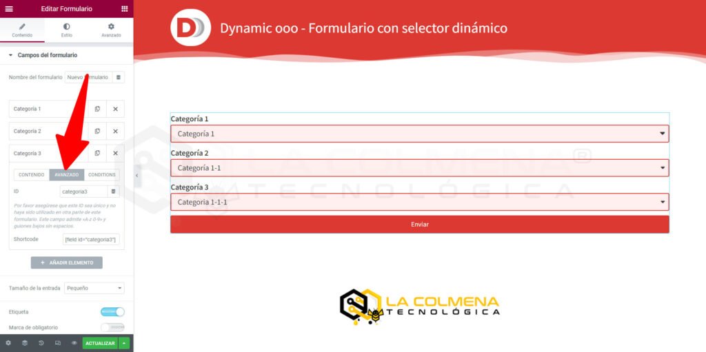 Editor de formulario con selector dinámico y categorías
