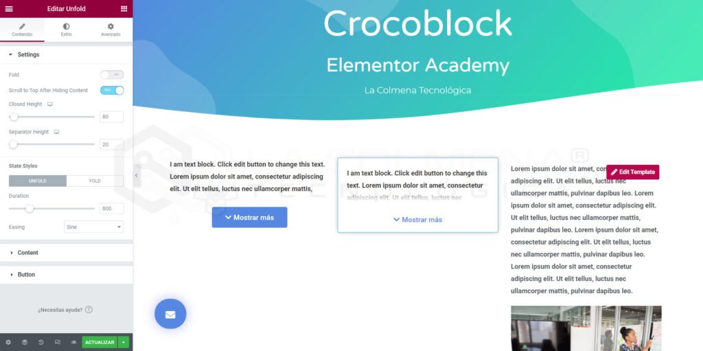 Editor Elementor con widget Unfold de Crocoblock