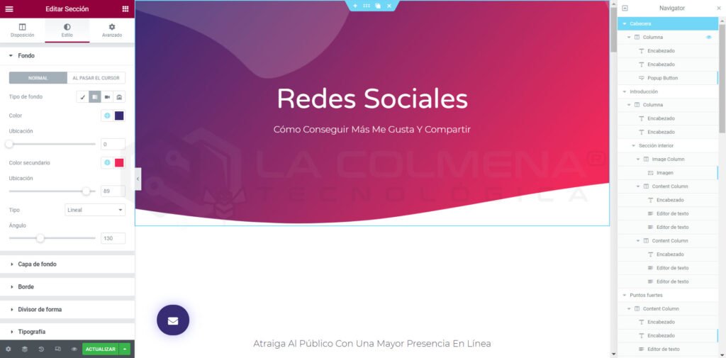 Editor web mostrando sección Redes Sociales