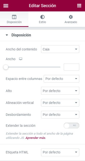 Layout-Tab eines Elementor-Abschnitts