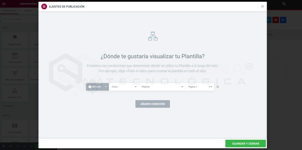 Ventana de ajustes de publicación en Elementor