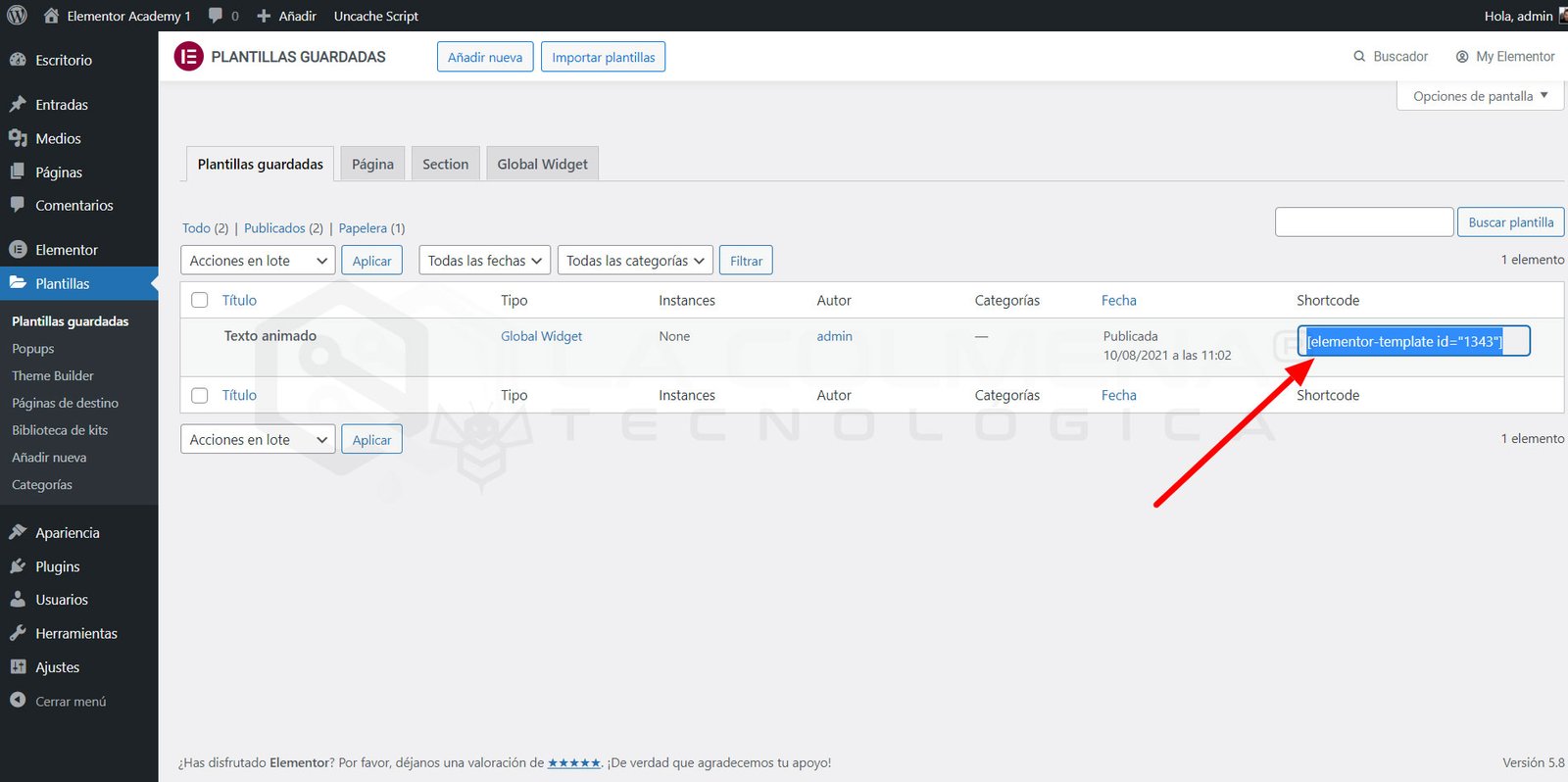 Plantilla global Elementor - Shortcode