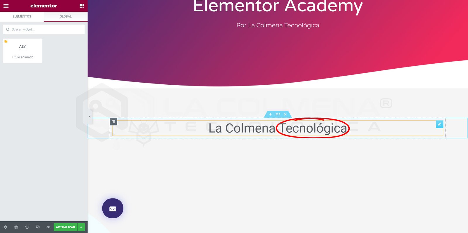 Elementor-Editor mit Text La Colmena Tecnológica