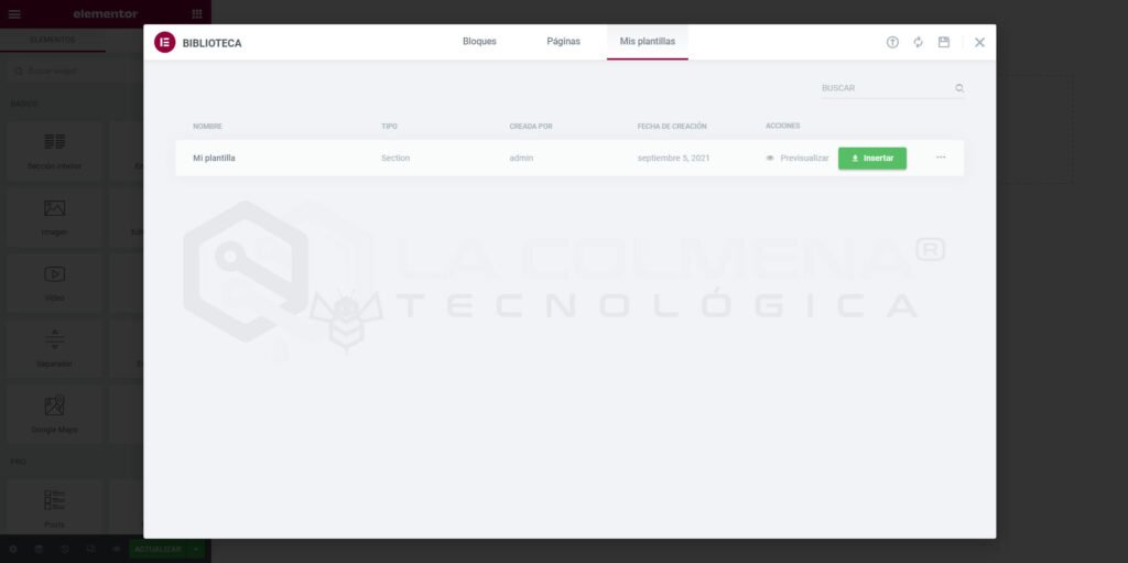 Biblioteca de plantillas en Elementor WordPress