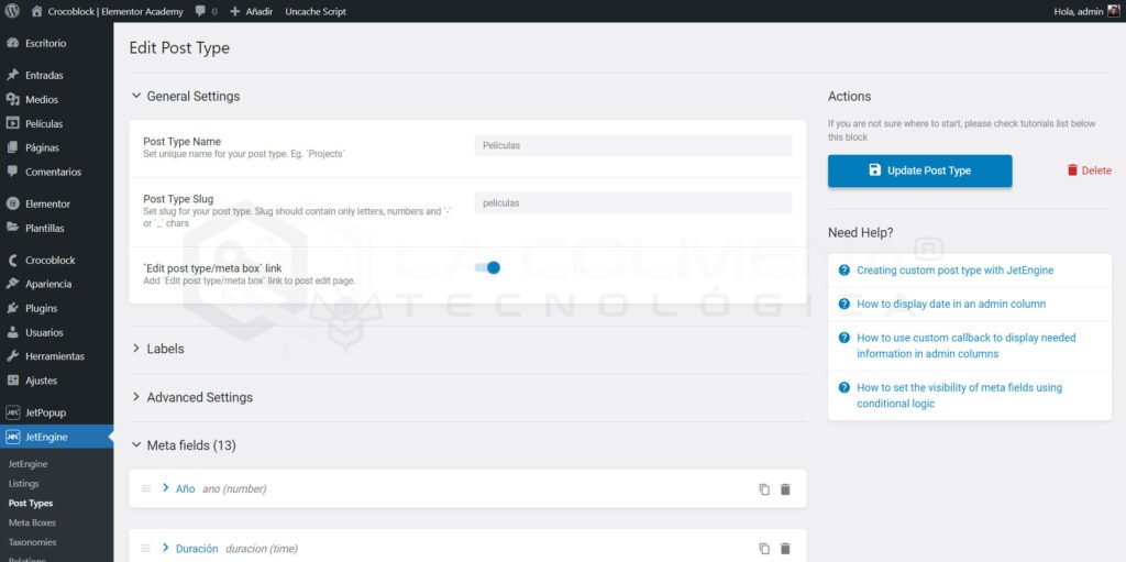 Editor de tipo de contenido Películas en WordPress