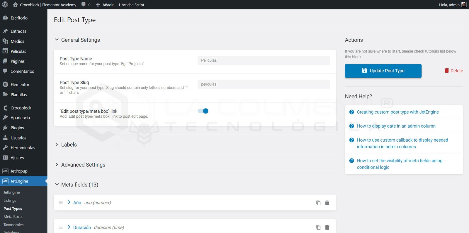 Editor für den Inhaltstyp Filme in WordPress