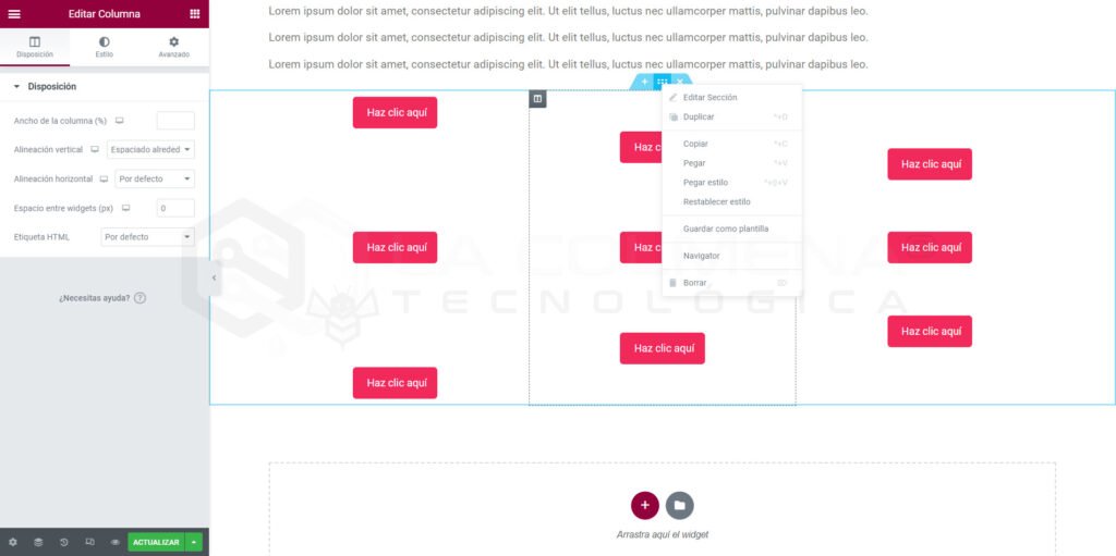 Editor web con botones 'Haz clic aquí'