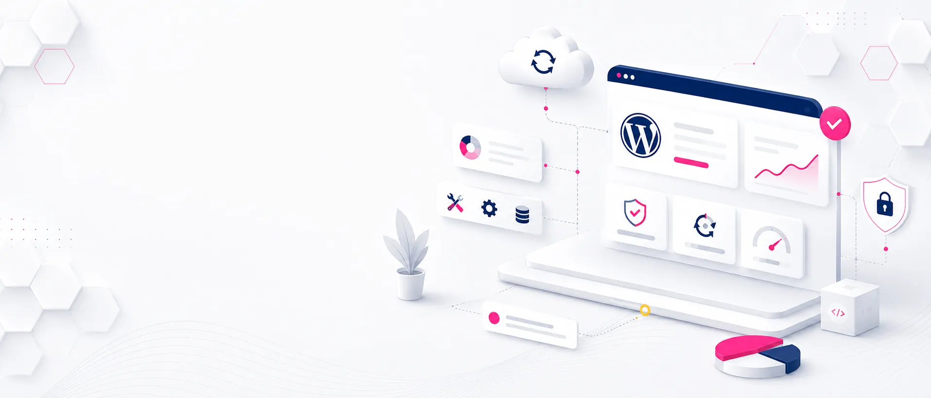 Panel de WordPress con iconos de seguridad y nube