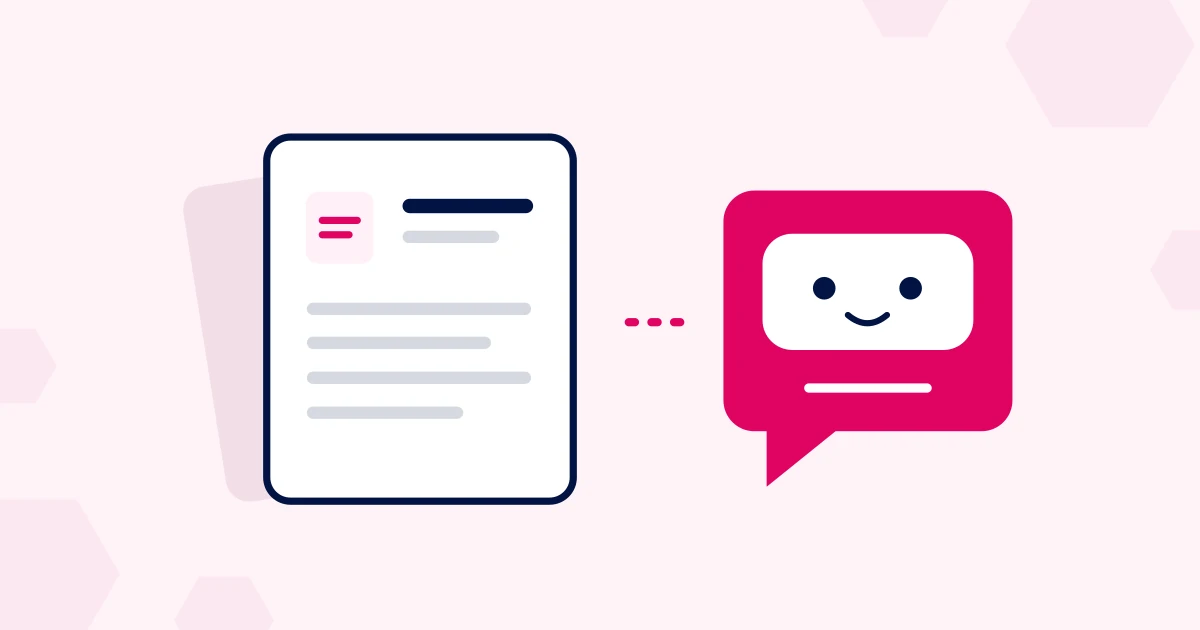 Iconos de documentos y asistente de chat sobre un fondo rosa suave con hexágonos planos separados en rosa tenue.