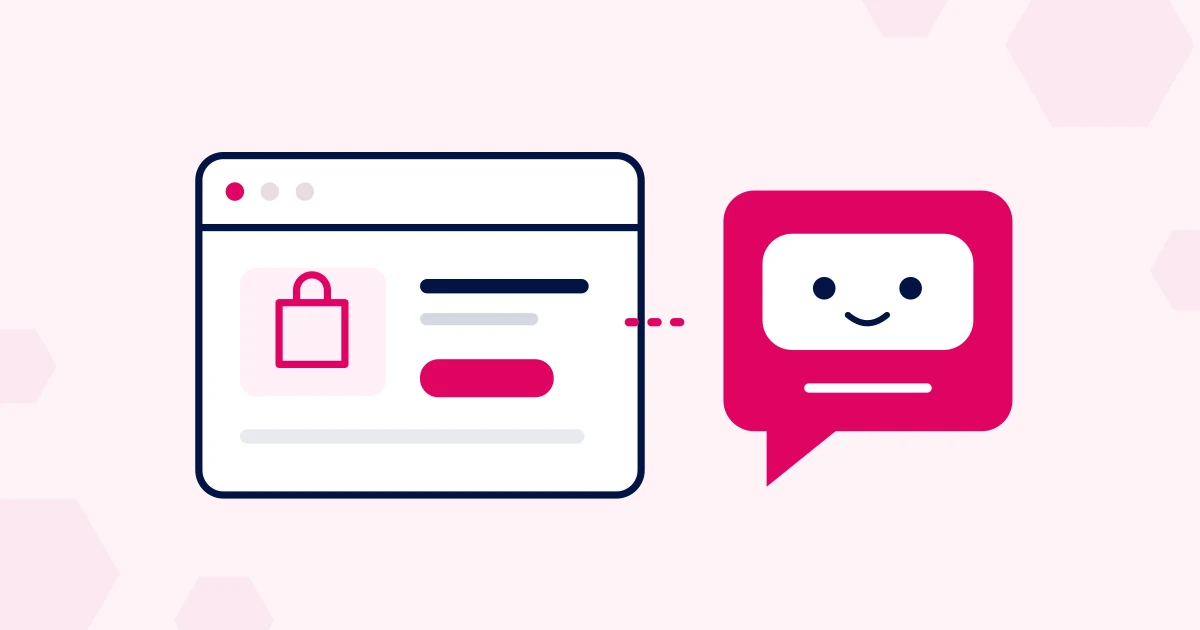 Iconos de tienda online y asistente de chat sobre un fondo rosa suave con hexágonos planos separados en rosa tenue.
