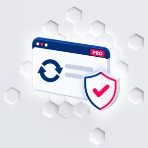 Cuidado Web Pro: browser with PRO badge, update arrows, and protective shield.