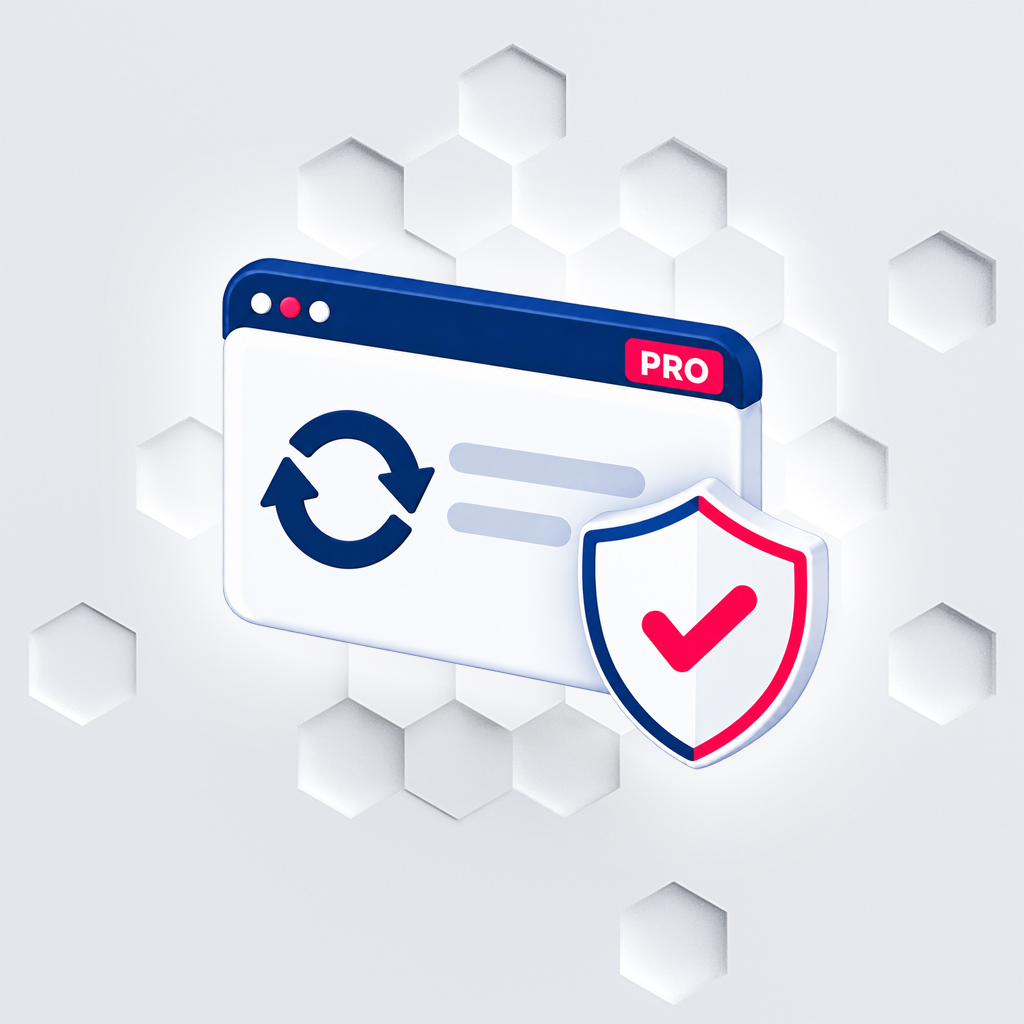 Cuidado Web Pro: navegador con distintivo PRO, flechas de actualización y escudo protector.