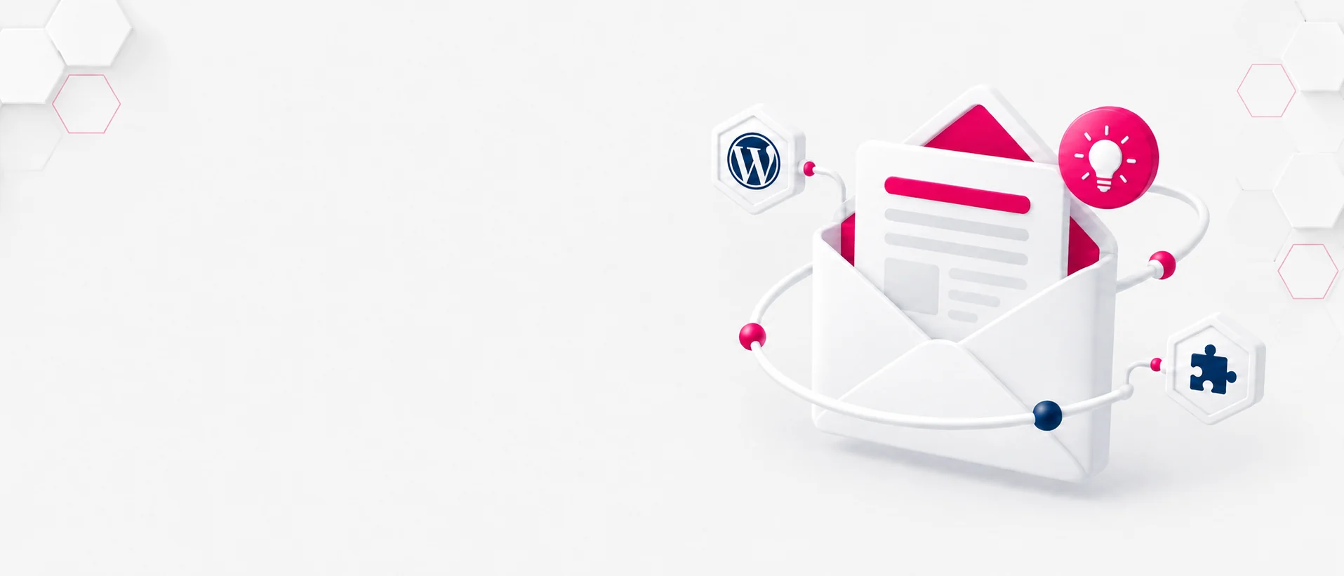 Sobre con una newsletter e iconos de WordPress, ideas y plugins entre hexágonos corporativos