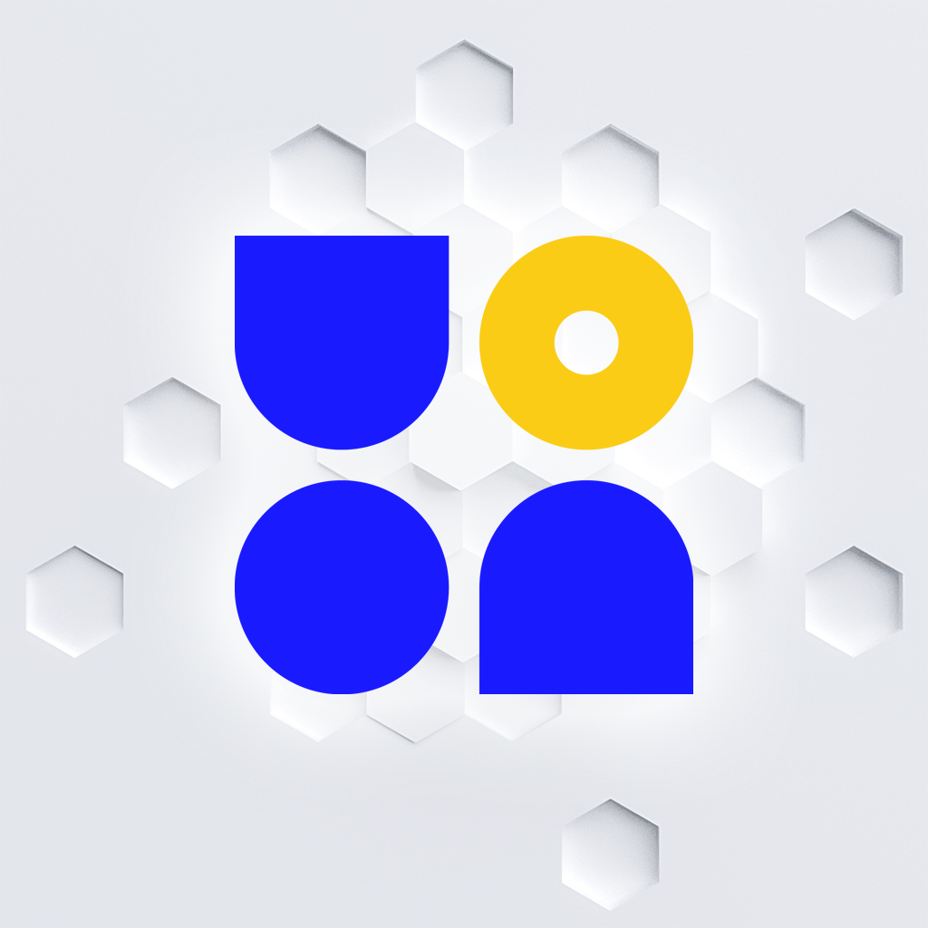Figuras geométricas azul y amarilla sobre fondo hexagonal