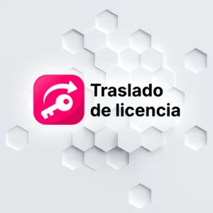 Traslado de licencia WordPress: llave blanca y flecha sobre icono rosa con fondo de hexágonos.