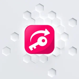 WordPress license transfer: white key and arrow over pink icon with hexagon background.