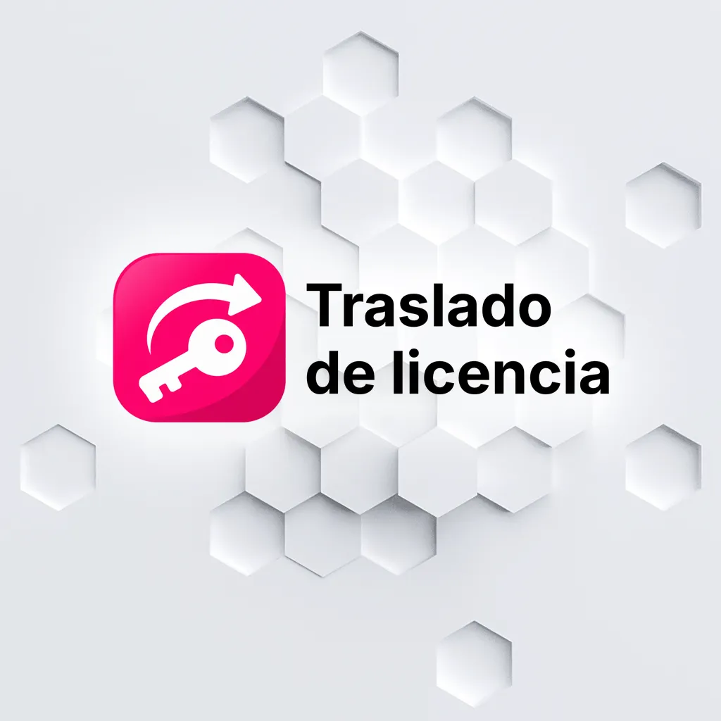 Traslado de licencia WordPress: llave blanca y flecha sobre icono rosa con fondo de hexágonos.