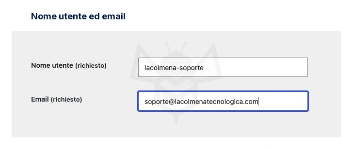 Nome utente ed email · soporte@lacolmenatecnologica.com
