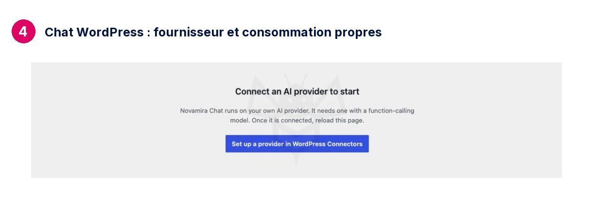 Chat WordPress : fournisseur et consommation propres · Novamira
